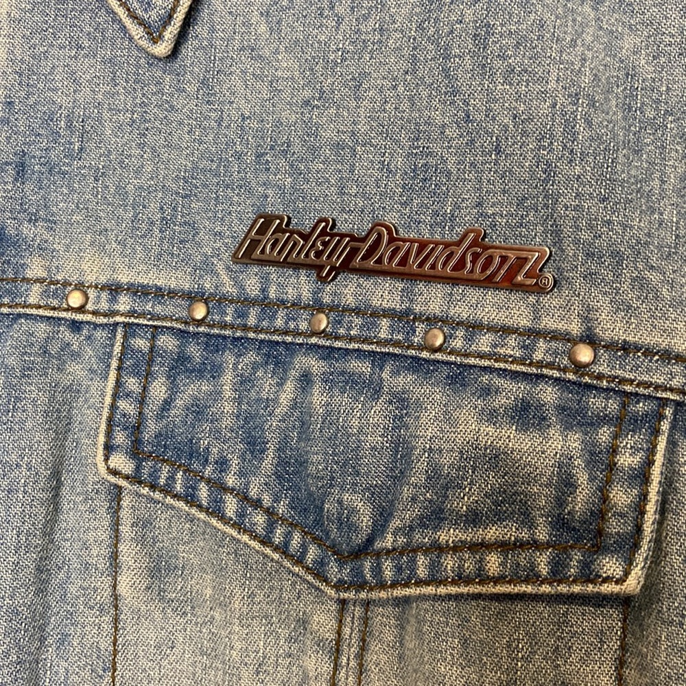 Vintage Harley-Davidson XL Women’s Jean Jacket Leather Back Panel Biker Moto - Picture 4 of 9
